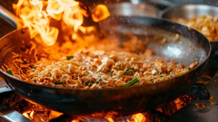fried noodles cook in pan with big fire flame is hong kong style. Pad Thai favorite and famous Asian Thai street fast food in hot pan,