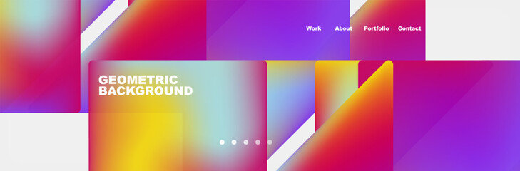 A vibrant geometric pattern featuring squares and triangles in shades of purple, violet, pink, and electric blue on a white background