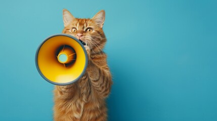 Funny red cat holds a yellow loudspeaker in its paws and screams on a blue background, a creative idea. Business and management, concept.