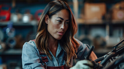 Fototapeta premium Young mechanic female at work. Empowered woman in the automotive repair business portrait.