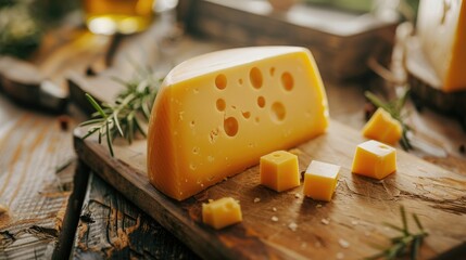 Close up of Maasdam cheese slice on a cutting board