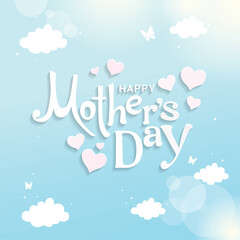 Happy Mother's Day card with clouds and hearts. Vector illustration.