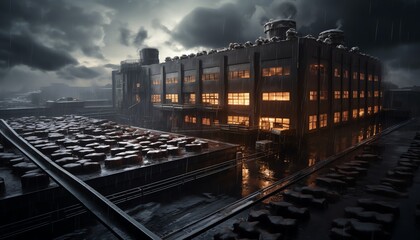 Fototapeta premium Capture a menacing, towering food factory under a dark, stormy sky, presenting a dystopian twist on culinary arts through drone photography, emphasizing the grandeur and gloom of the setting