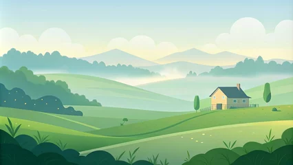 Fotobehang Illustration background Tranquil rural scene with green meadows and farmhouse. © Novasphere99