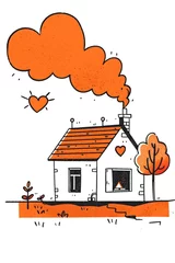 Fotobehang Cozy House with Heart Shaped Chimney Smoke Symbolizing a Loving Family Home © CYBERUSS
