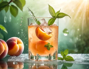 Fotobehang Glass of peach juice in nature  © Irina