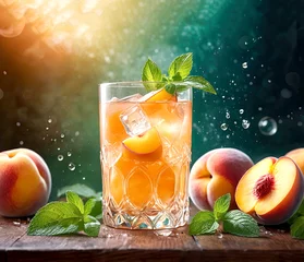 Fotobehang Glass of peach juice in nature  © Irina