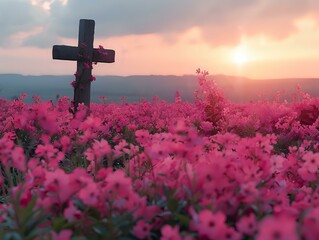 Vibrant Solitude: A Wooden Cross in a Sea of Pink Blooms