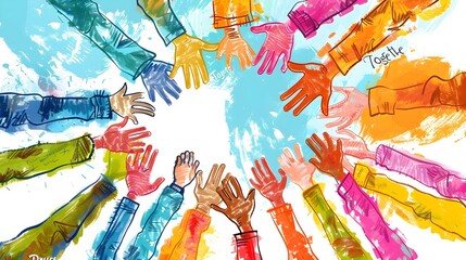 Diverse Hands Joined in Unity Against Drug Addiction Depicted in Whimsical Illustrated Scene