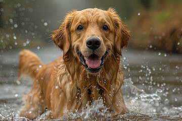 A joyful golden retriever splashing in a stream, its owner laughing as they watch the playful antics of their beloved canine companion.