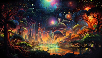 Fototapeta premium Craft an oil painting of a dreamlike aerial view showcasing a mystical forest with neon glowing trees, merging with a bustling cityscape below Embrace iridescent colors and twisted perspectives for a
