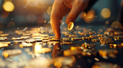 Man puting golden coins on a board representing multiple streams of income. Concept of multiplying sources of revenue. Composite image between a 3d illustration and a photography. - Powered by Adobe