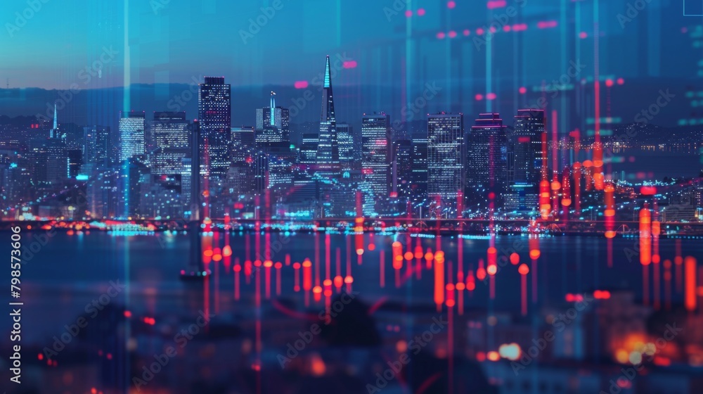 Poster multi exposure of abstract virtual financial graph hologram on san francisco skyline background, for