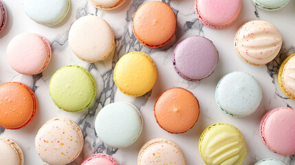 A colorful array of macarons arranged neatly on a marble countertop, showcasing various flavors and...