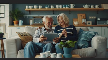 Happy Senior Couple Watching Video Together on iPad Tablet in Living Room