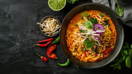 Northern Thai food (Khao Soi), Spicy curry noodles soup with chicken, Local Thai food