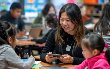 Obraz premium Multiethnic Female Teacher and Students Collaborate Using iPad for Classroom Learning