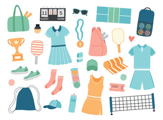 Pickleball accessories set: paddle, court, net, ball and others. Sport equipment. Hand drawn vector illustration