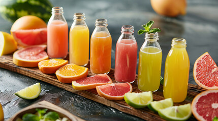 A colorful assortment of freshly squeezed fruit juices in glass bottles, including orange, grapefruit, and watermelon flavors, displayed on a rustic wooden tray with slices of fruit as garnish,