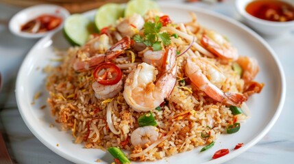 Seafood Tom Yum Fried Rice,Stir fried rice with shrimp and squid with chilli sauce on white plate