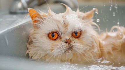 Soft focus and noise and grain. Funny wet a white persian cat or kitten and orange eyes bath or shower in groomer salon grooming concept, Pet shop, accessories.