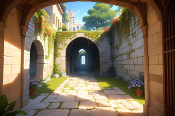 歴史ファンタジーゲーム背景イタリアベニス宮殿風パティオのある隠し通路春の中庭