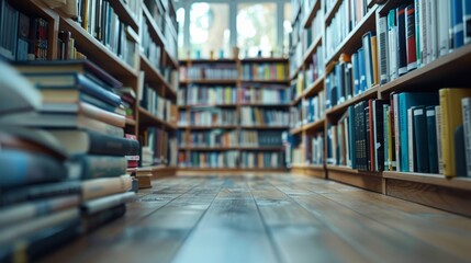 In front of the shelves in the book storage room There is a minimalist notebook on display. The image is intentionally blurred in specific areas, adding depth and creating a sense of perspective.
