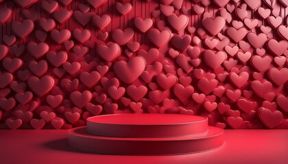 Love's Stage: 3D Podium Pedestal Set Against a Romantic Heart Heap Wall Background for Valentine's Day