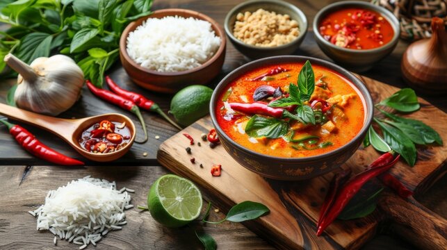 Spicy red curry on bowl and curry paste with jasmine rice on wooden cutting board rounded thai local herb