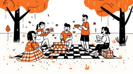 Jovial Friends Savoring Autumn Picnic in Lush Park Setting