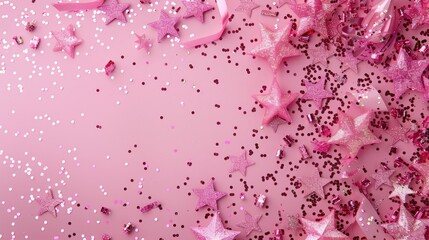 A festive and vibrant holiday background featuring pink confetti stars and sparkles scattered on a pink backdrop Perfect for Christmas New Year or Mother s Day celebrations This top view fl
