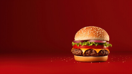 delicious, tasty homemade burger on a red background