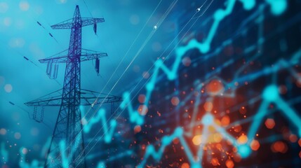stock market graph with electric pole with blue black energy business blue banner background