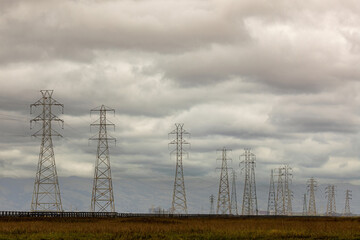 High Voltage Power Lines with Storm Clouds Approaching. Palo Alto Baylands, Bay Area, California.