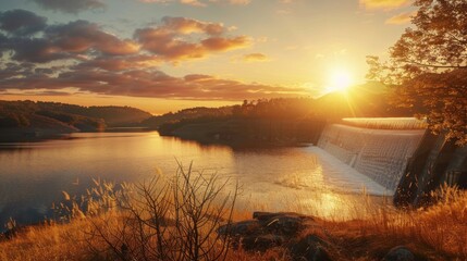 Sunset casting a golden glow over a dam and its reservoir, the tranquil scene evoking a sense of peace and harmony with nature.