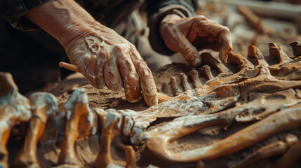 Paleontologist Cleaning Tyrannosaurus Dinosaur Skeleton with Brushes. Archeologists Discover Fossil Remains of New Predator Species. Archeological Excavation Digging Site. Close-up Focus on Hands - obrazy, fototapety, plakaty