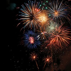 Obraz premium Dazzling display of fireworks at night, vivid colors bursting against a dark sky, with ample copy space for text.