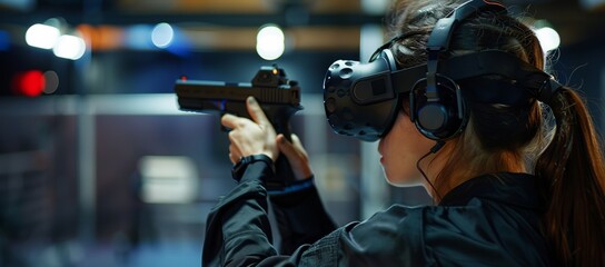 Female trainee using virtual reality equipment for indoor firearms training, aiming with concentration. - obrazy, fototapety, plakaty