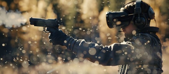An individual engages in an outdoor virtual reality firearms training, focusing on a realistic simulation. - obrazy, fototapety, plakaty