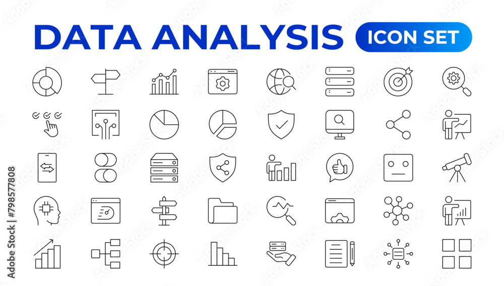Poster data analytics icon set. big data analysis technology symbol. containing database,computing and netw