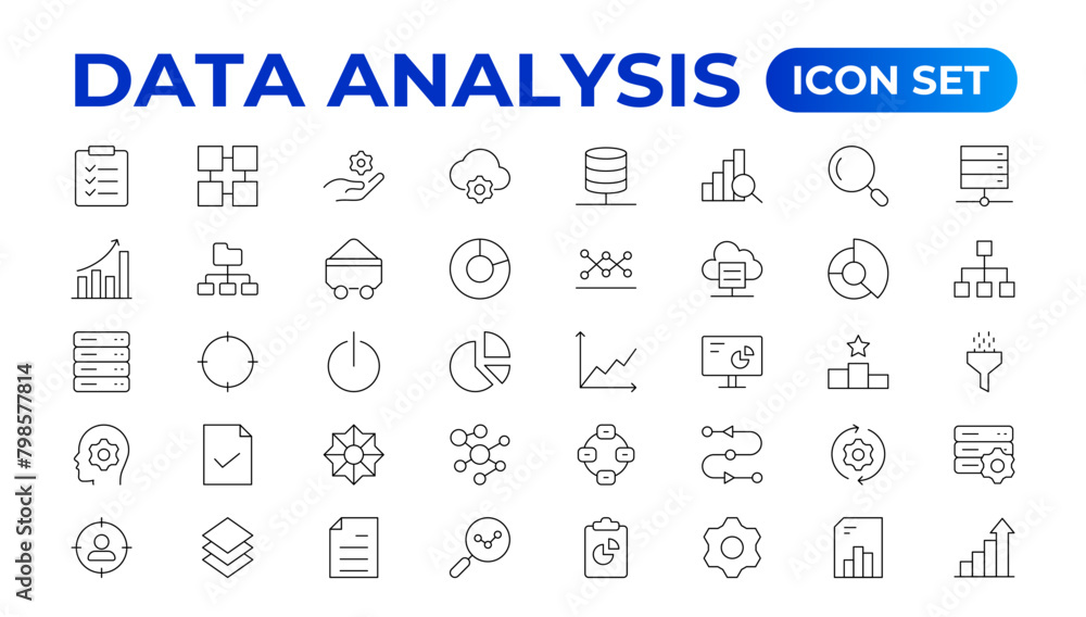 Poster data analytics icon set. big data analysis technology symbol. containing database,computing and netw