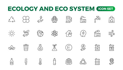 Ecology icon set. Ecofriendly icon, nature icons set. Linear ecology icons. Environmental sustainability simple symbol. Simple Set of  Line Icons.Global Warming, Forests, Organic Farming.