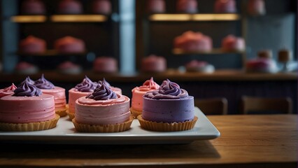 Delicious pink and purple cupcakes and cakes arranged on a wooden table - obrazy, fototapety, plakaty