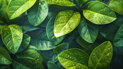Fototapeta premium Fresh green leaf pattern background with wet dew in the morning, nature and plantation wallpaper.