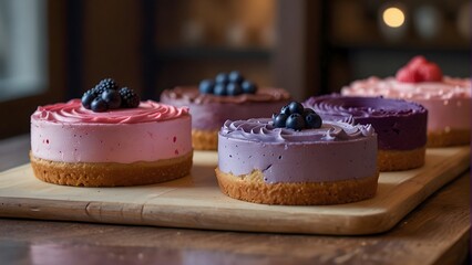 Delicious pink and purple cupcakes and cakes arranged on a wooden table - obrazy, fototapety, plakaty