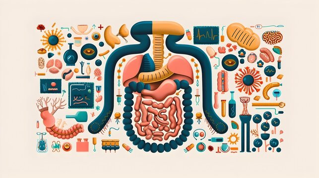 Whimsical of the Detailed Human Digestive System with Stomach and Intestines for Educational and Healthcare Presentations