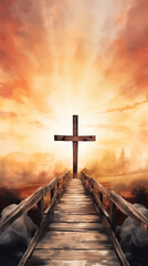 Against the holy backdrop of sky, the silhouette of cross serves as a bridge between man and God, embodying religious symbolism of Jesus Christ for Christian believers. religion, cross, god, bridge.