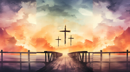 Silhouette of cross against sky at sunset symbolizes bridge between humanity and God in Christian faith, reminding believers of holy presence of Jesus Christ and religious belief and faith. - obrazy, fototapety, plakaty