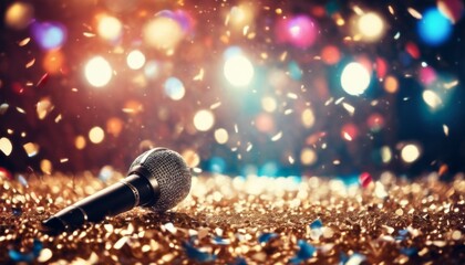 'Light Stage Microphone confetti party blurred music song contest eurovision close background night golden sco Bokeh concert ball Retro disco gold eurovis'