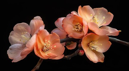 Peach Colored flowering quince, Isolated against a deep black background. Chaenomelis superba